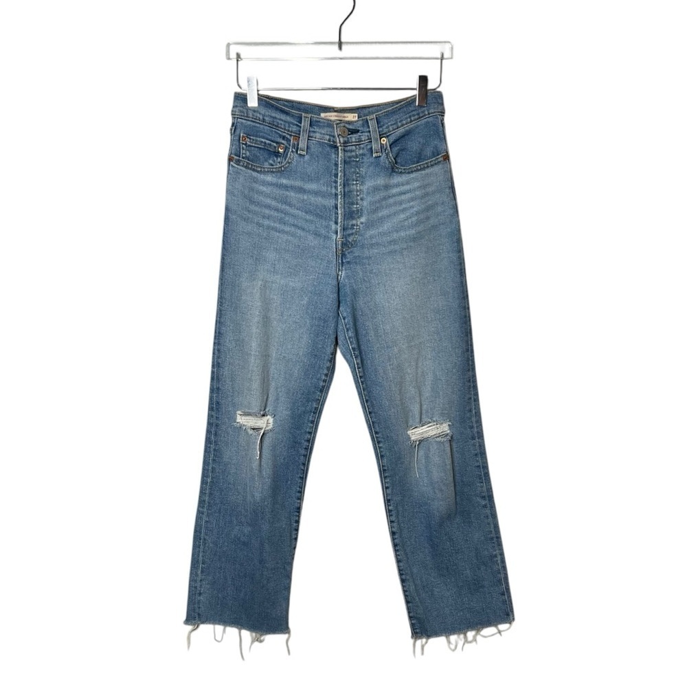 Levi’s Ribcage Straight Ankle Jeans 27 High Rise Distressed Fray Hem Light Wash